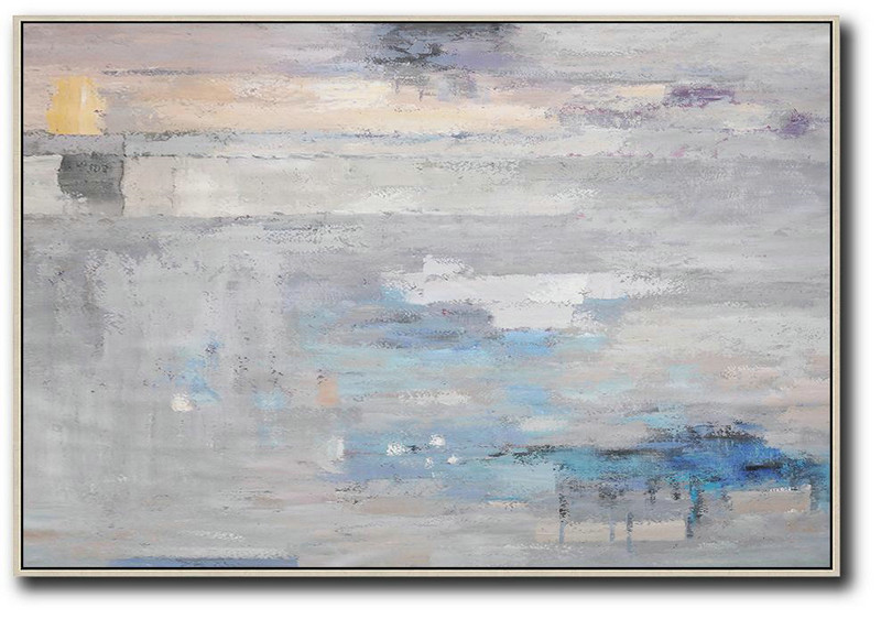 Large Paintings For Living Room,Oversized Horizontal Contemporary Art,Oversized Wall Decor Grey,Blue,White